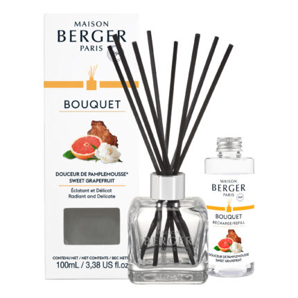 Maison Berger Paris Diffuser mit schwarzen Stäbchen, Verpackung und Nachfüllflasche