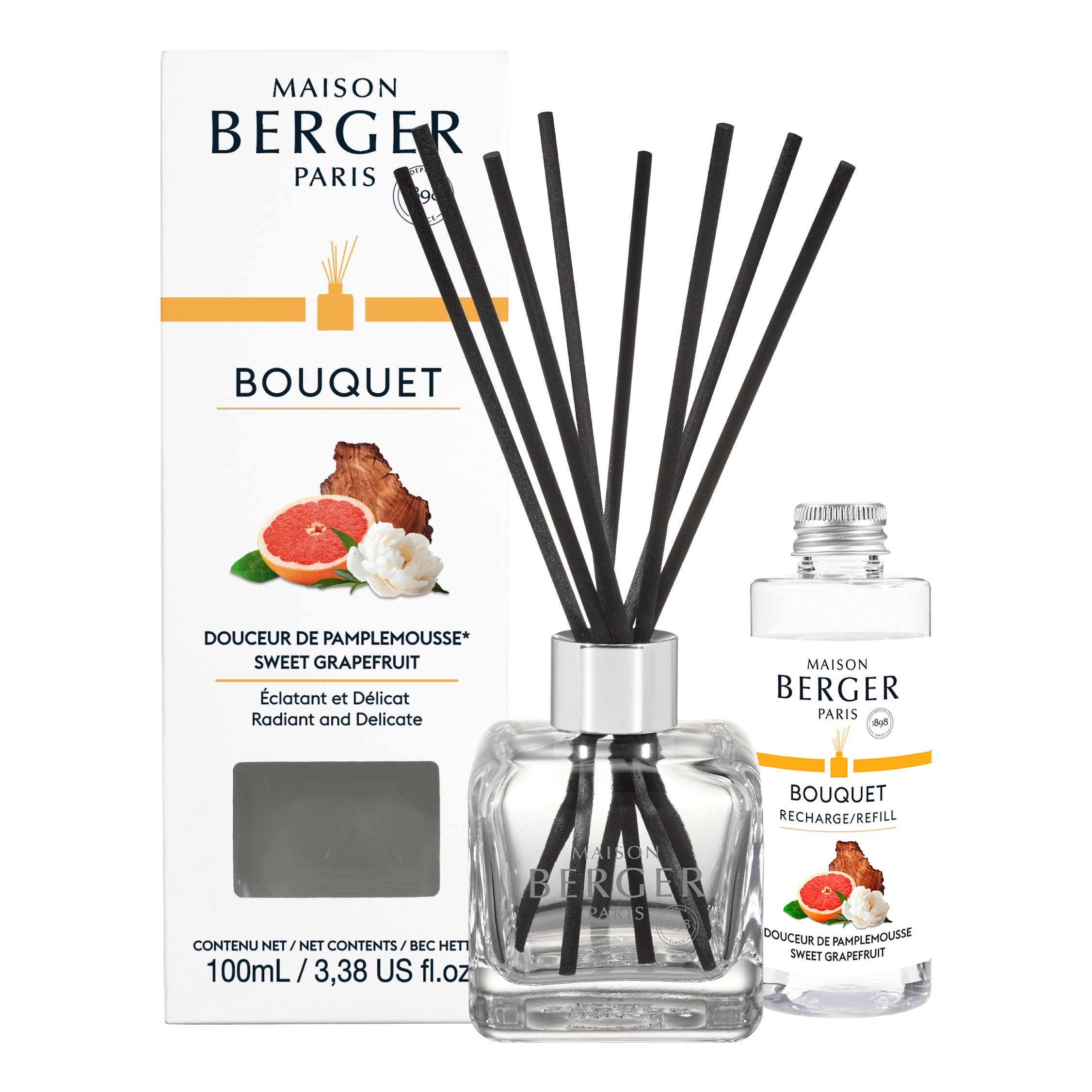 Diffuser-Set mit Nachfüllflasche Maison Berger Paris Diffuser mit schwarzen Stäbchen, Verpackung und Nachfüllflasche