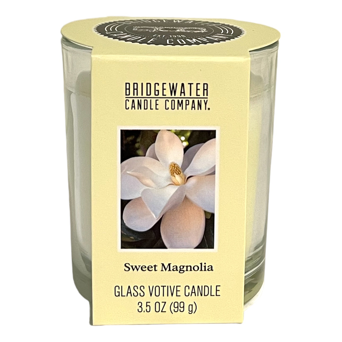 Bridgewater Sweet Magnolia Kerze Bridgewater Sweet Magnolia Glasvotivkerze mit Etikett und Magnolienblüte