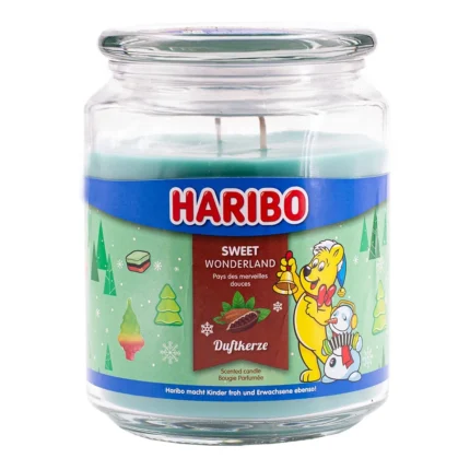 Haribo Sweet Wonderland Duftkerze mit Deckel und winterlichem Etikett