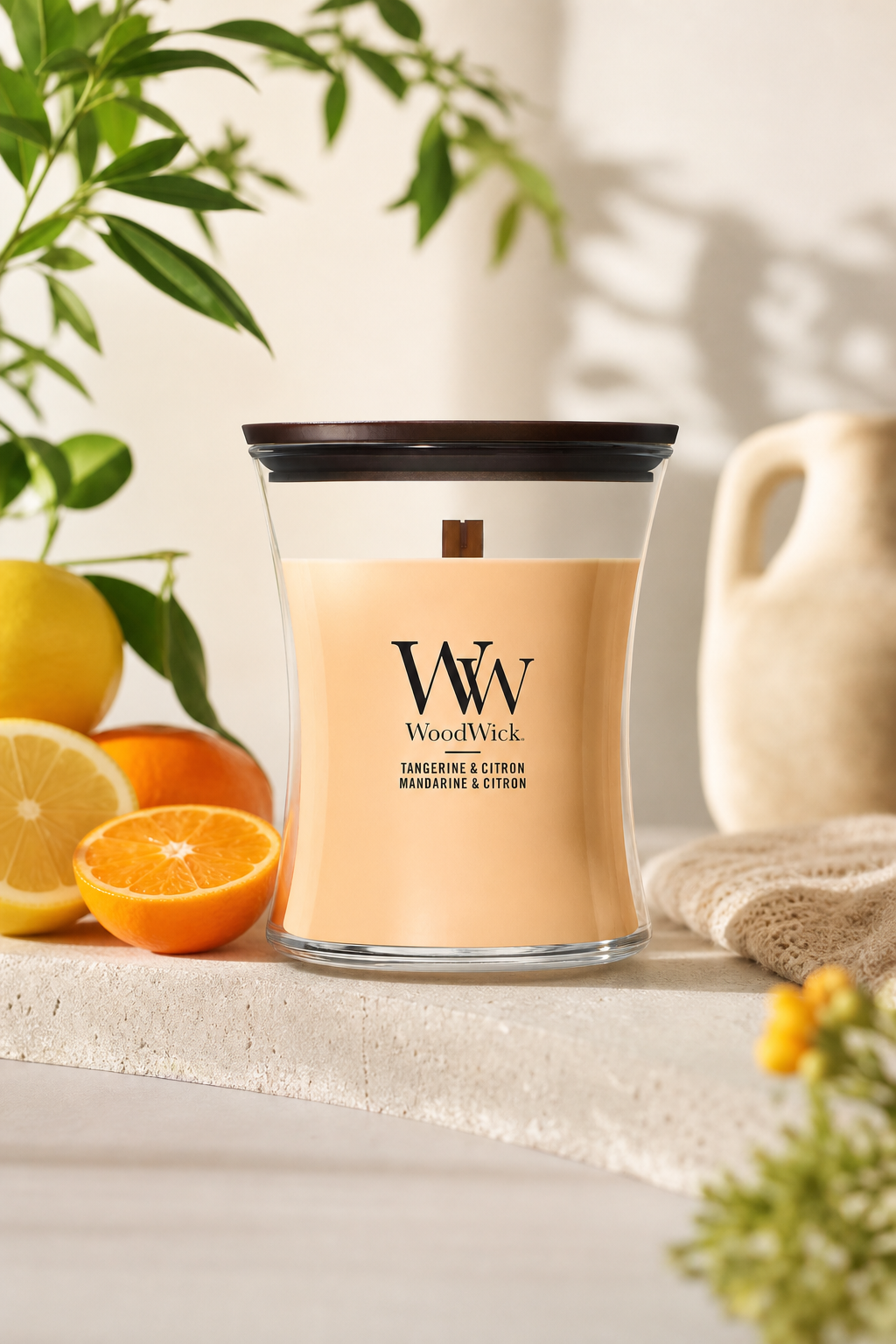 WoodWick Tangerine & Citron Kerze neben Orangen und Zitrusfrüchten