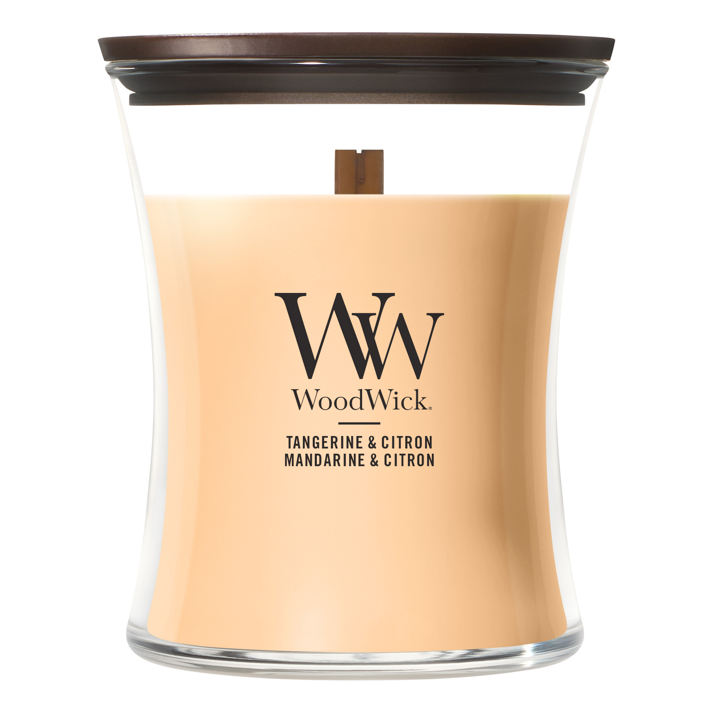WoodWick Kerze in Frontalansicht WoodWick Kerze Tangerine & Citron mit sichtbarem Docht und Deckel