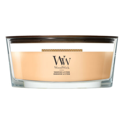 Vorderansicht der WoodWick Tangerine & Citron Kerze im Glas