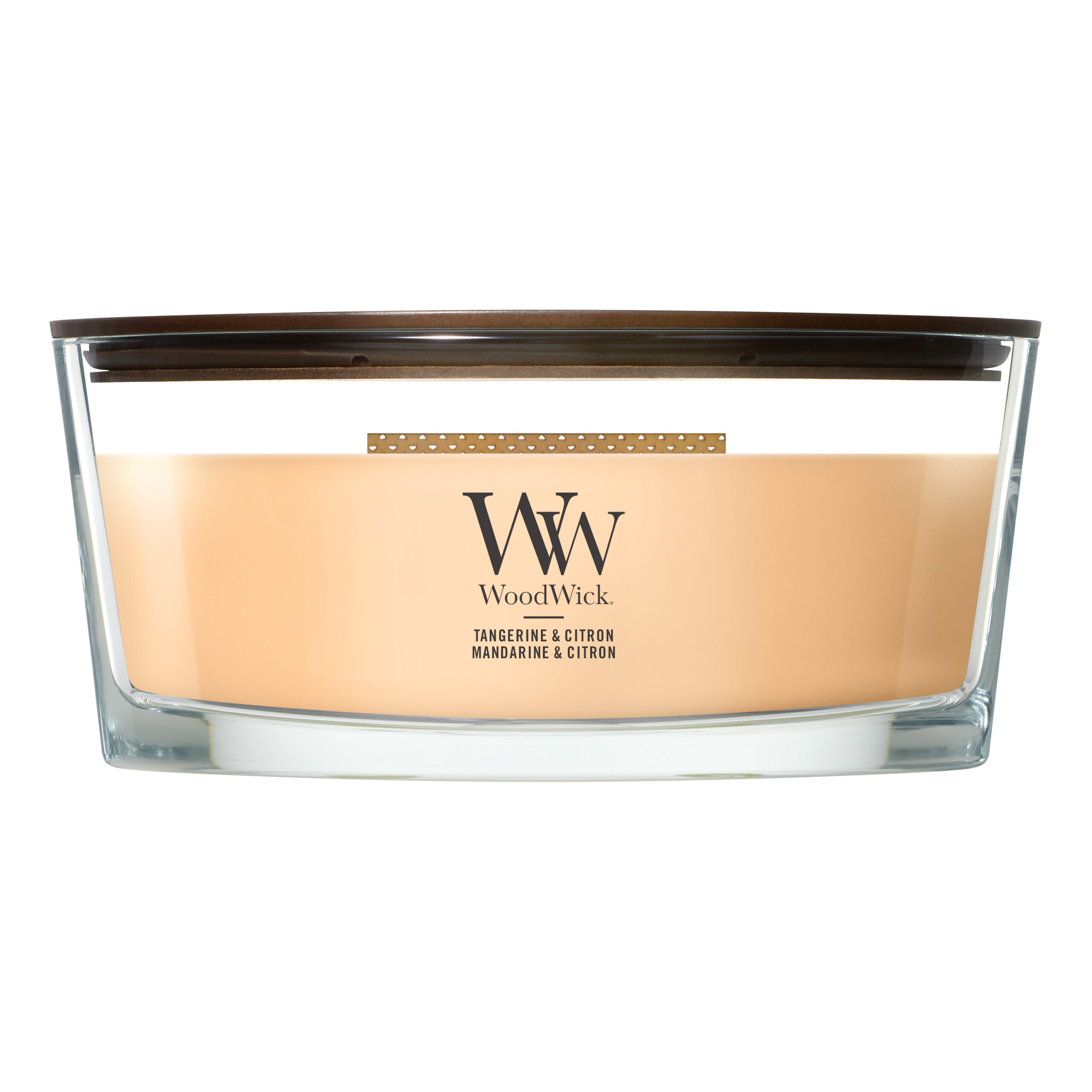 WoodWick Kerze Vorderansicht Vorderansicht der WoodWick Tangerine & Citron Kerze im Glas