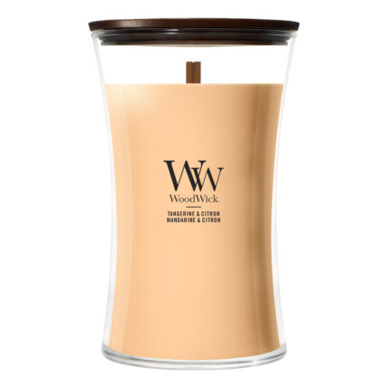 WoodWick Kerze im Glas mit Deckel und Etikett Tangerine & Citron