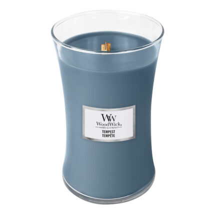 WoodWick Tempest Kerze mit sichtbarem Holzdocht und Etikett