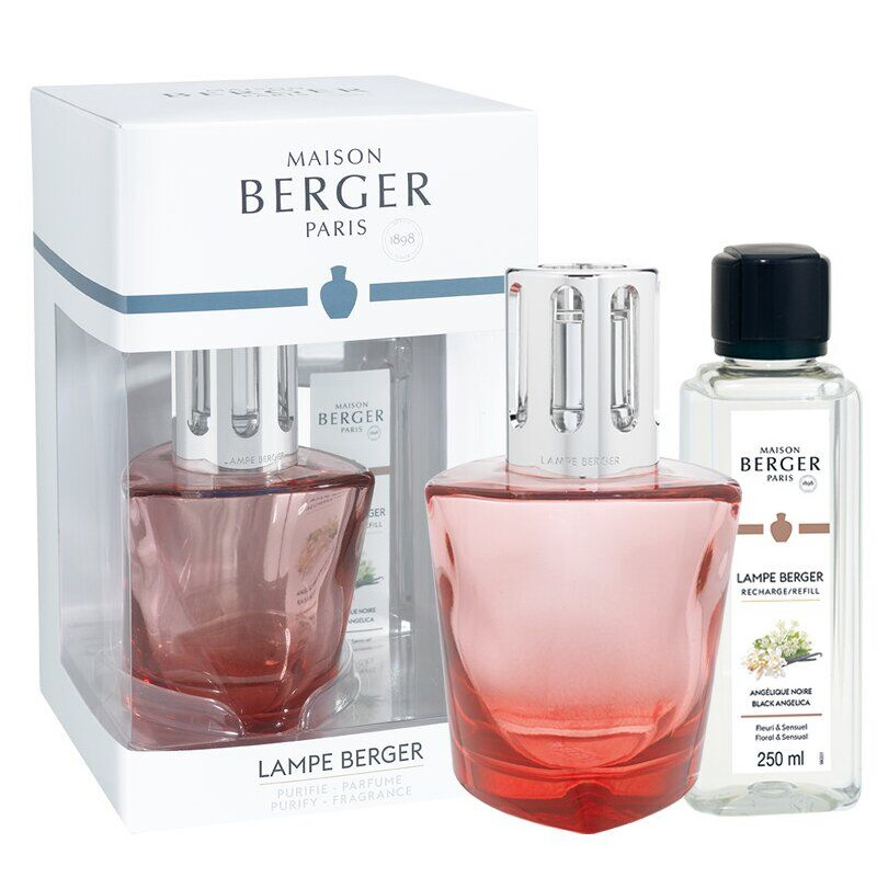 Lampe Berger Set mit Nachfüllung Rosa Lampe Berger, Verpackung und Nachfüllflasche von Maison Berger
