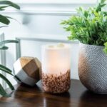 Braun gemusterte Duftlampe steht neben Pflanze und Dekokugel