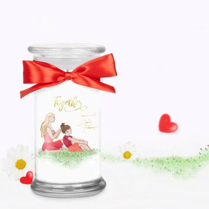 Together Duftkerze im Glas mit roter Schleife und Blumenmotiv