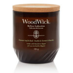 WoodWick Tomato Leaf & Basil Kerze im braunen Glas mit Deckel