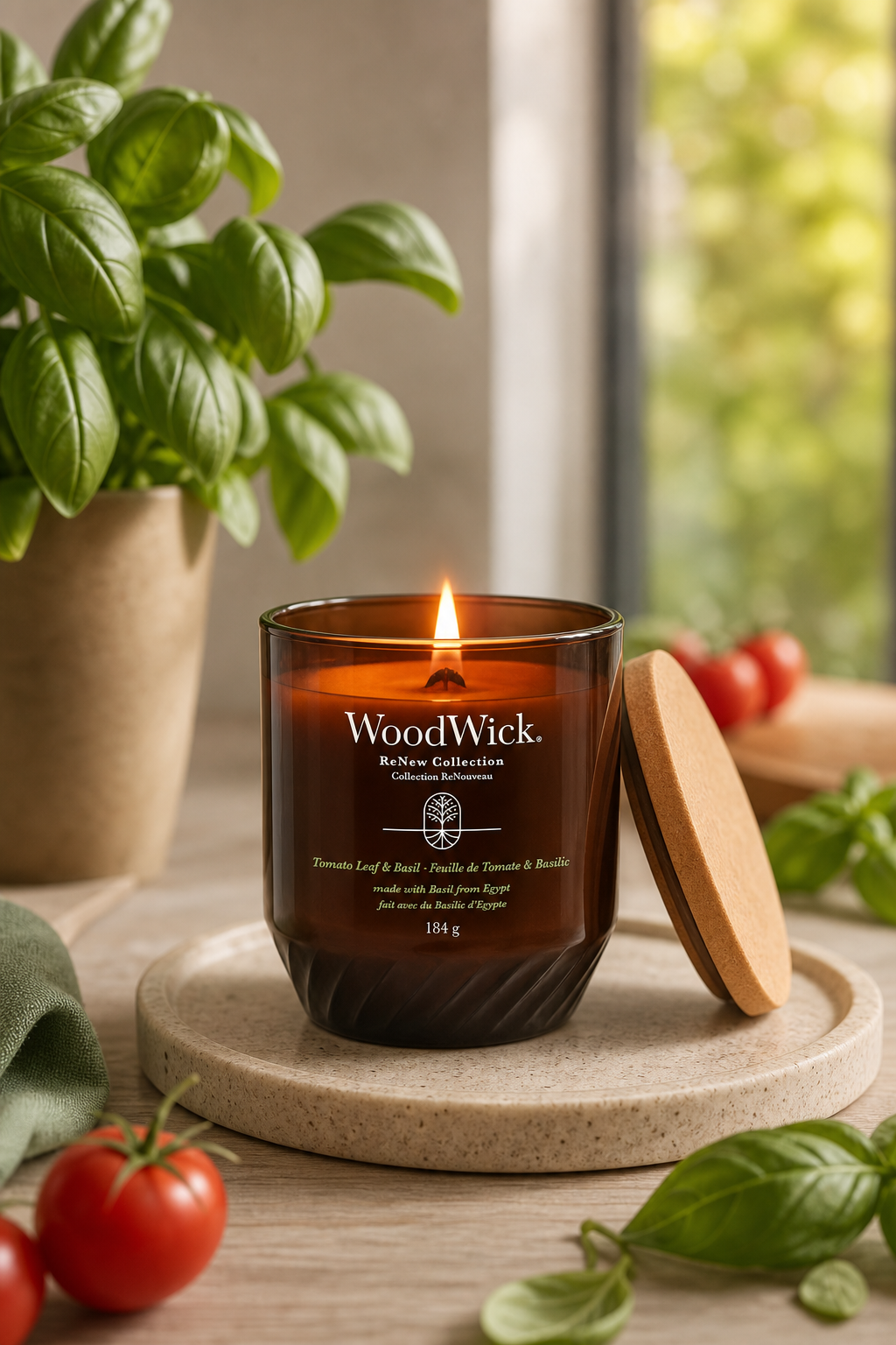 Brennende WoodWick Tomato Leaf & Basil Kerze mit abgenommenem Deckel