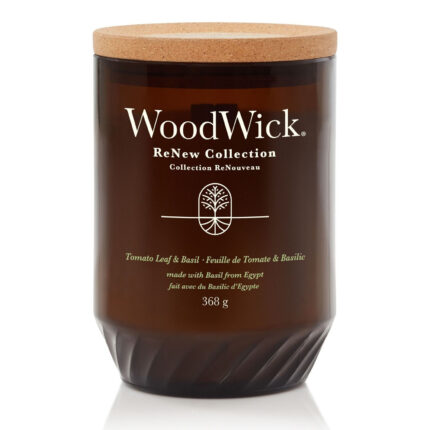 WoodWick Tomato Leaf & Basil Kerze im braunen Glas mit Holzdeckel