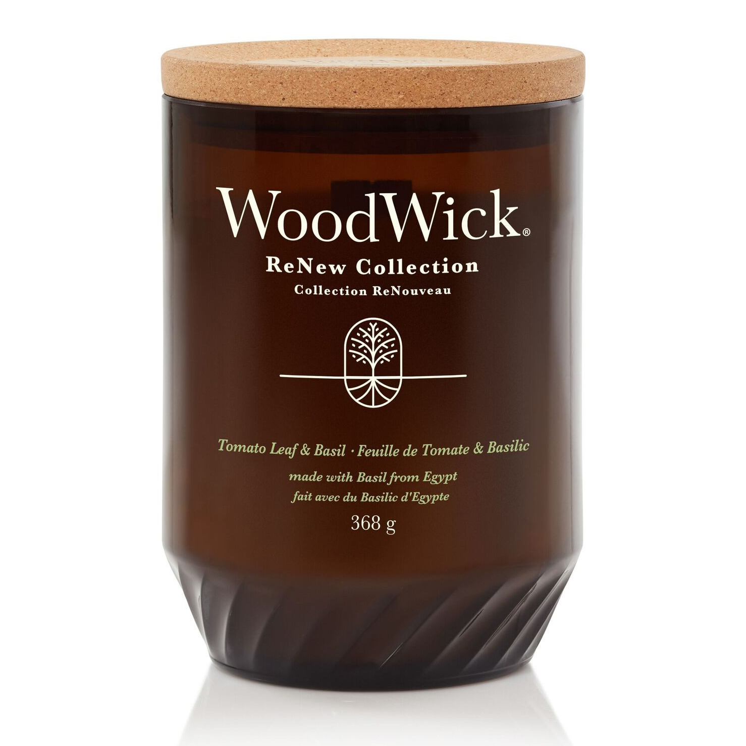 WoodWick Duftkerze mit Holzdeckel WoodWick Tomato Leaf & Basil Kerze mit Holzdeckel vor weißem Hintergrund