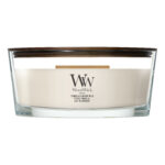 Frontansicht der WoodWick Tonka & Almond Milk Kerze im Glas