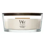 Frontansicht der WoodWick Tonka & Almond Milk Kerze im Glas