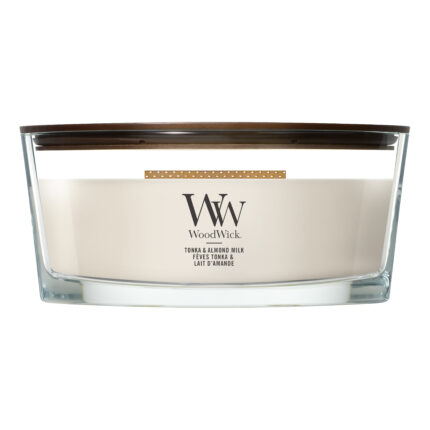 Frontansicht der WoodWick Tonka & Almond Milk Kerze im Glas