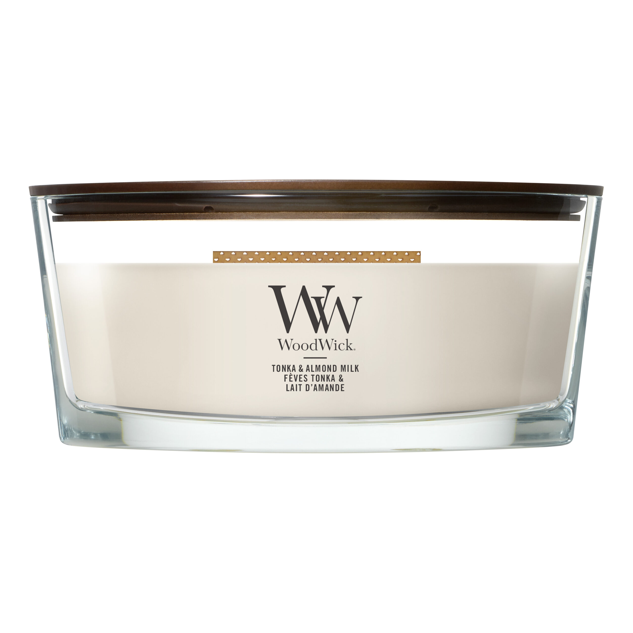 WoodWick Kerze von vorn Frontansicht der WoodWick Tonka & Almond Milk Kerze im Glas