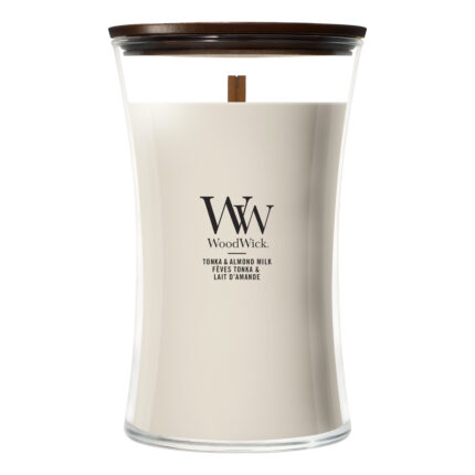 WoodWick Tonka & Almond Milk Kerze im Glas mit Holzdeckel