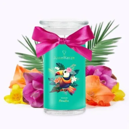 JuwelKerze Toucan Paradise Kerze mit Tukanmotiv und pinker Schleife