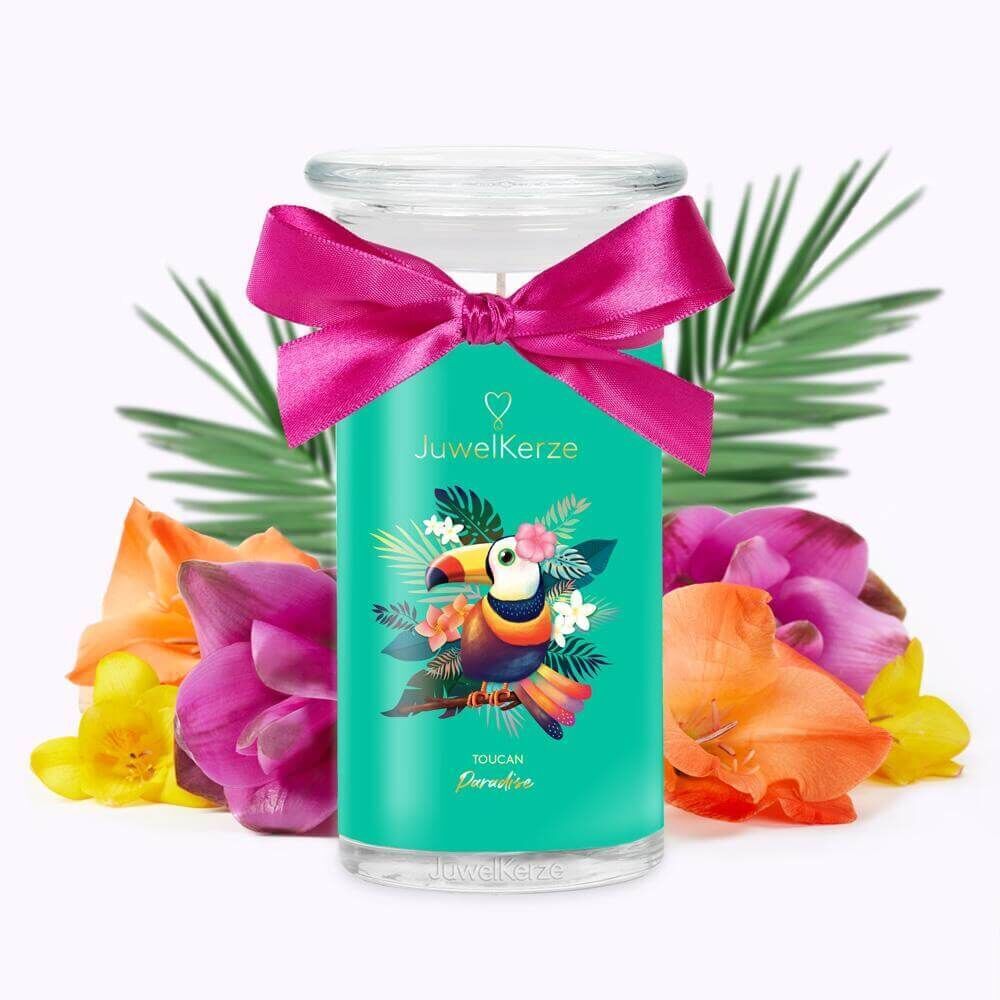 Toucan Paradise Kerze mit Schleife JuwelKerze Toucan Paradise Kerze mit Tukanmotiv und pinker Schleife
