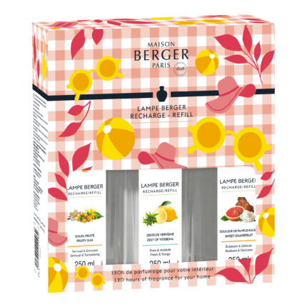 Maison Berger Paris Karton mit drei sichtbaren 250-ml-Nachfüllflaschen