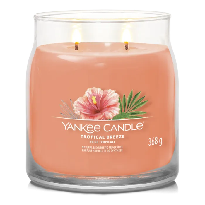 Yankee Candle Tropical Breeze Kerze mit Hibiskusmotiv und zwei brennenden Dochten