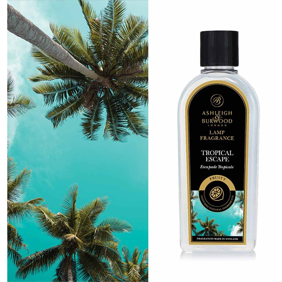Tropical Escape Lampenfragrance Flasche Ashleigh & Burwood Tropical Escape vor Palmenmotiv