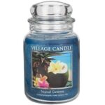 Blaues Village Candle Kerzenglas mit Tropical-Getaway-Etikett