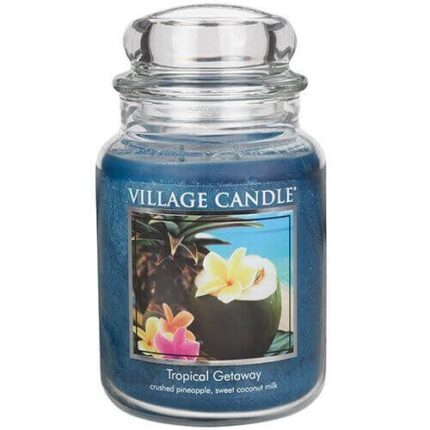 Blaues Village Candle Kerzenglas mit Tropical-Getaway-Etikett