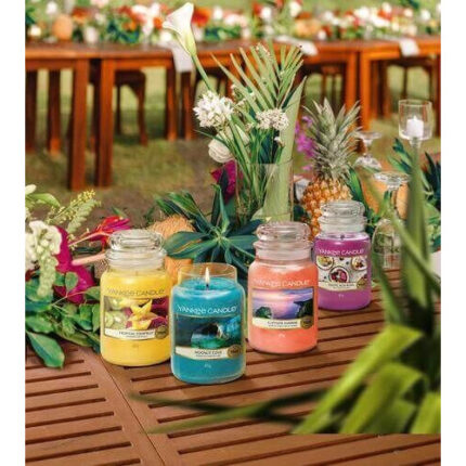 Vier Yankee Candle Kerzen im Glas stehen auf einem Holztisch mit tropischer Dekoration