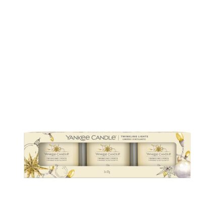 Verpacktes Yankee Candle Twinkling Lights Votivkerzen-Set mit drei Gläsern