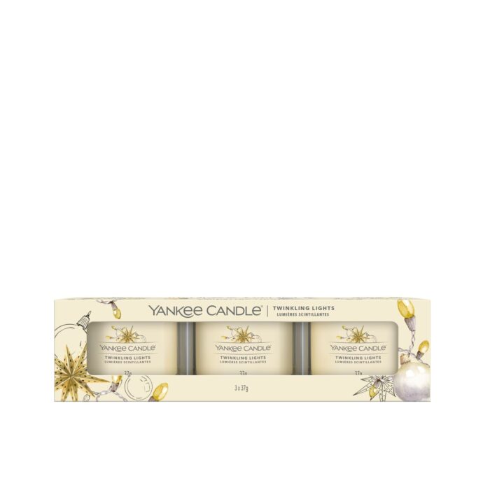 Verpacktes Yankee Candle Twinkling Lights Votivkerzen-Set mit drei Gläsern