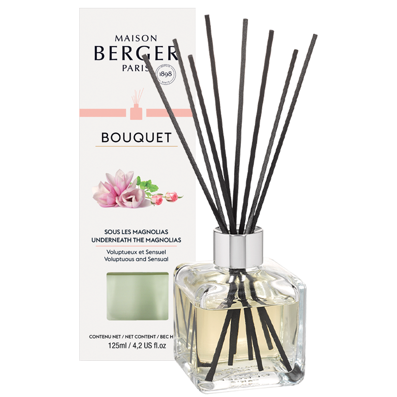 Raumduft-Diffuser mit Verpackung Glasflakon mit schwarzen Duftstäbchen neben Produktverpackung