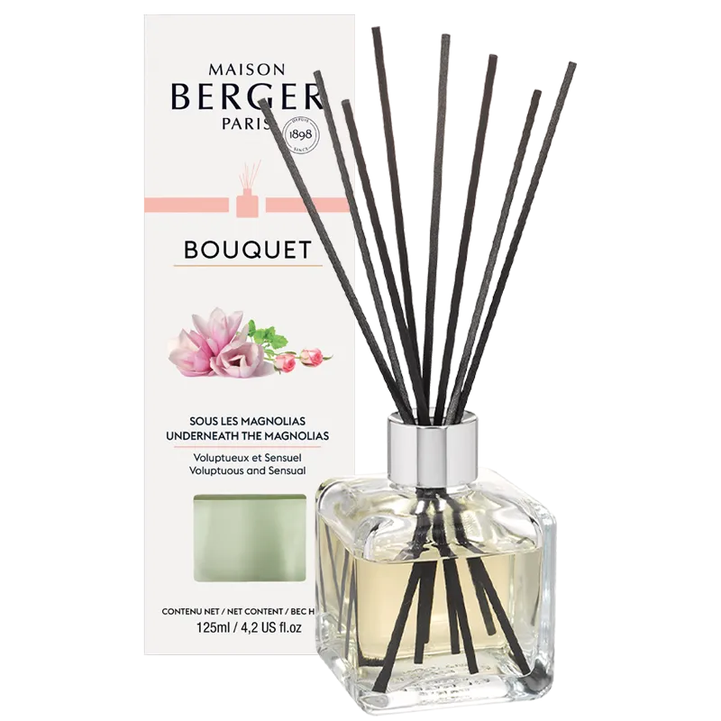 Raumduft-Diffuser mit Verpackung Glasflakon mit schwarzen Duftstäbchen neben Produktverpackung