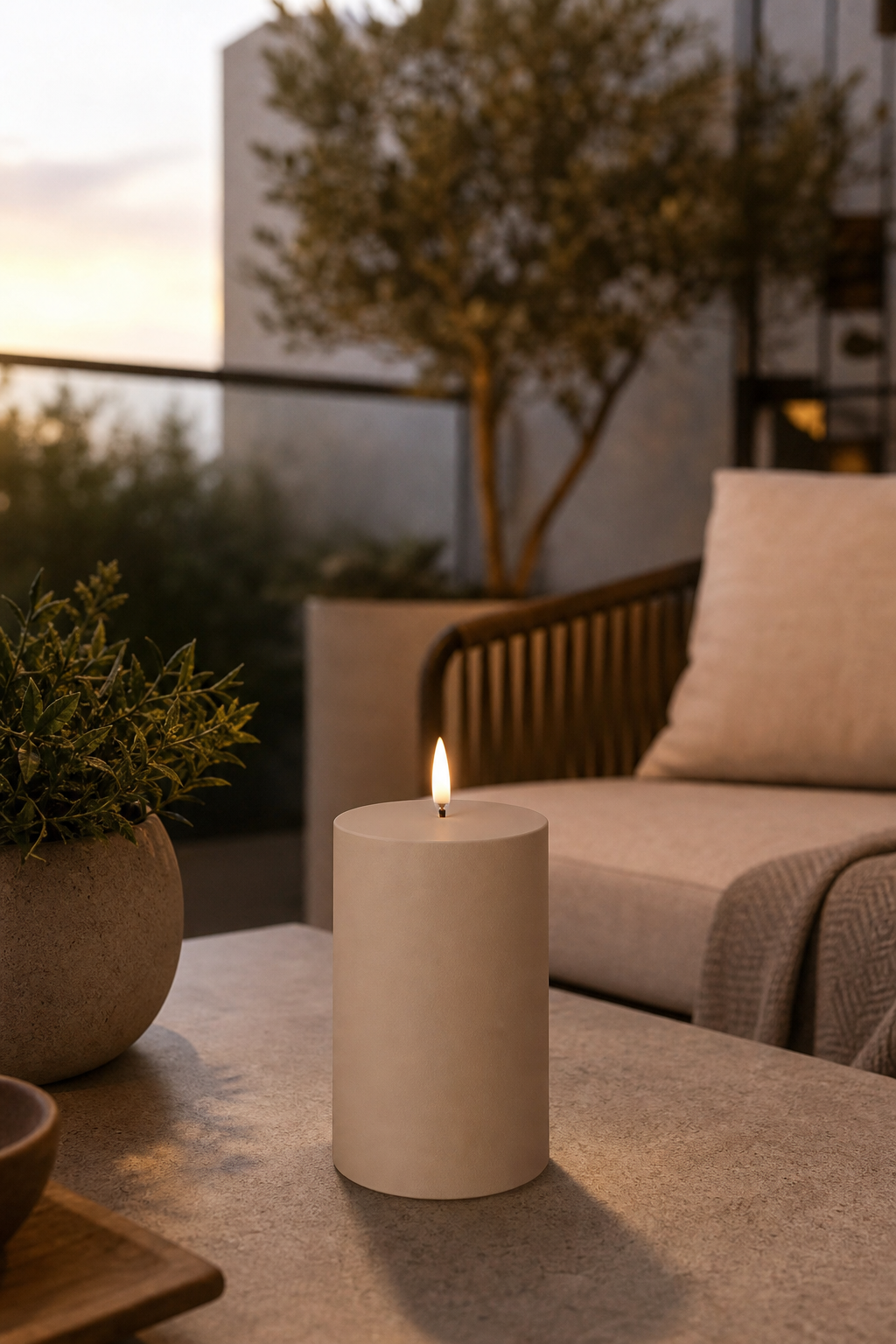 Uyuni Outdoor LED Stumpenkerze 7,8 x 12,7cm sandstone – Stimmungsbild Uyuni Outdoor LED Stumpenkerze 7,8 x 12,7cm sandstone in einer stimmungsvollen Anwendungsszene