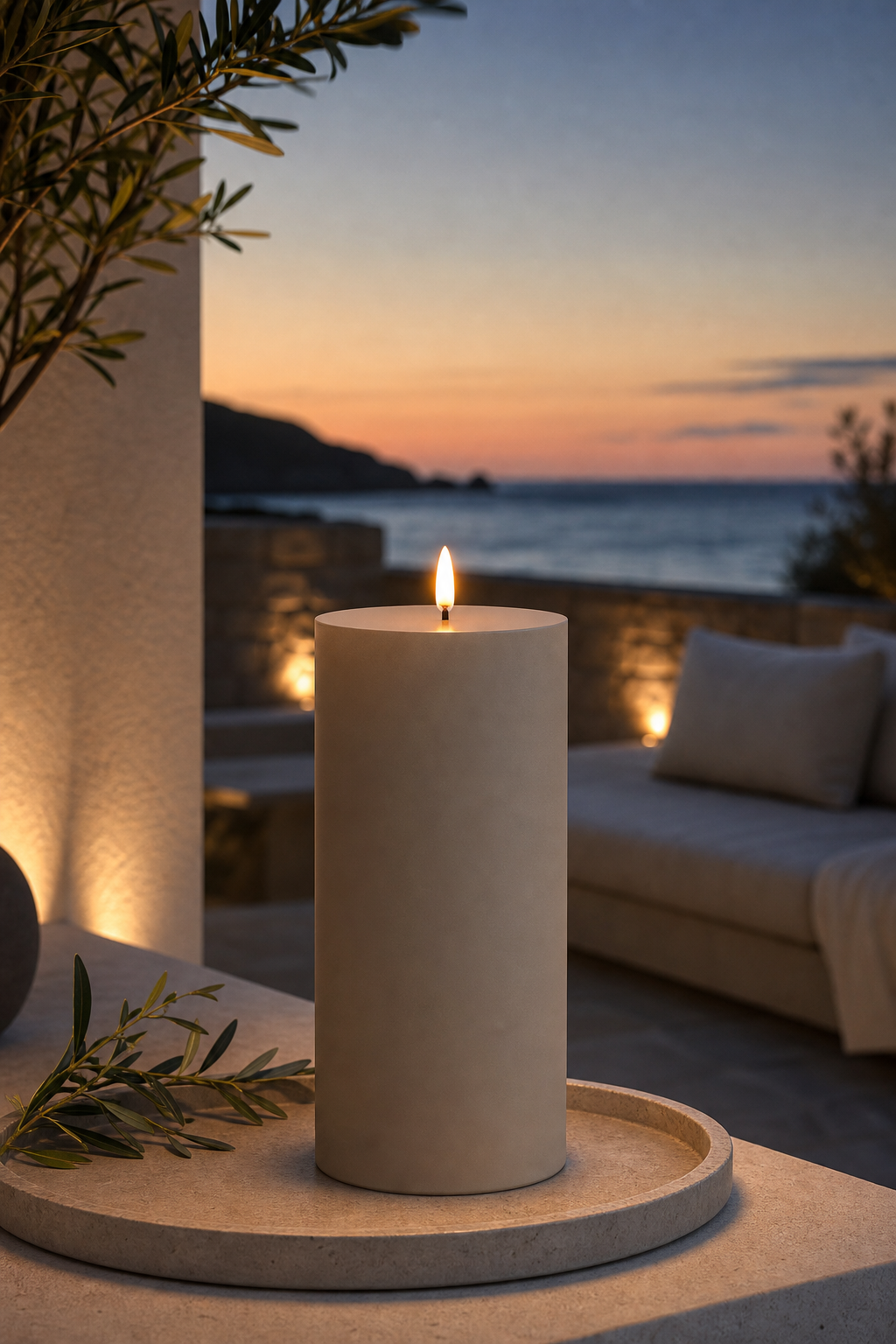 Uyuni Outdoor LED Stumpenkerze 8,4 x 20cm sandstone in einer stimmungsvollen Anwendungsszene