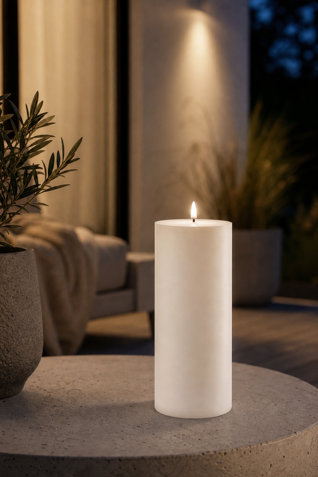 Uyuni Outdoor LED Stumpenkerze 8,4 x 20cm weiß in einer stimmungsvollen Anwendungsszene