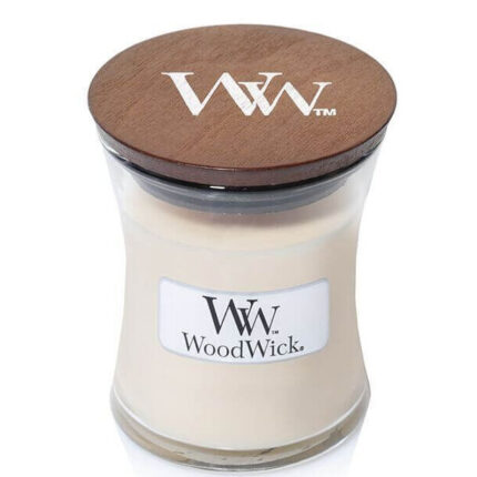 WoodWick Kerze im Glas mit Holzdeckel und WoodWick-Etikett