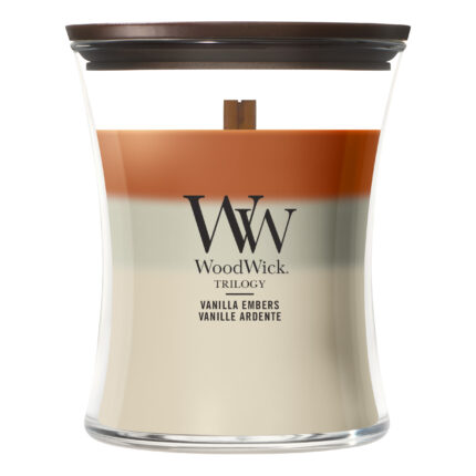 WoodWick Vanilla Embers Trilogy Kerze im Glas vor weißem Hintergrund
