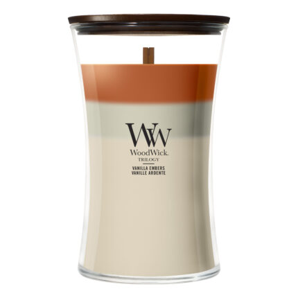 WoodWick Trilogy Vanilla Embers Kerze im Glas mit sichtbarem Docht
