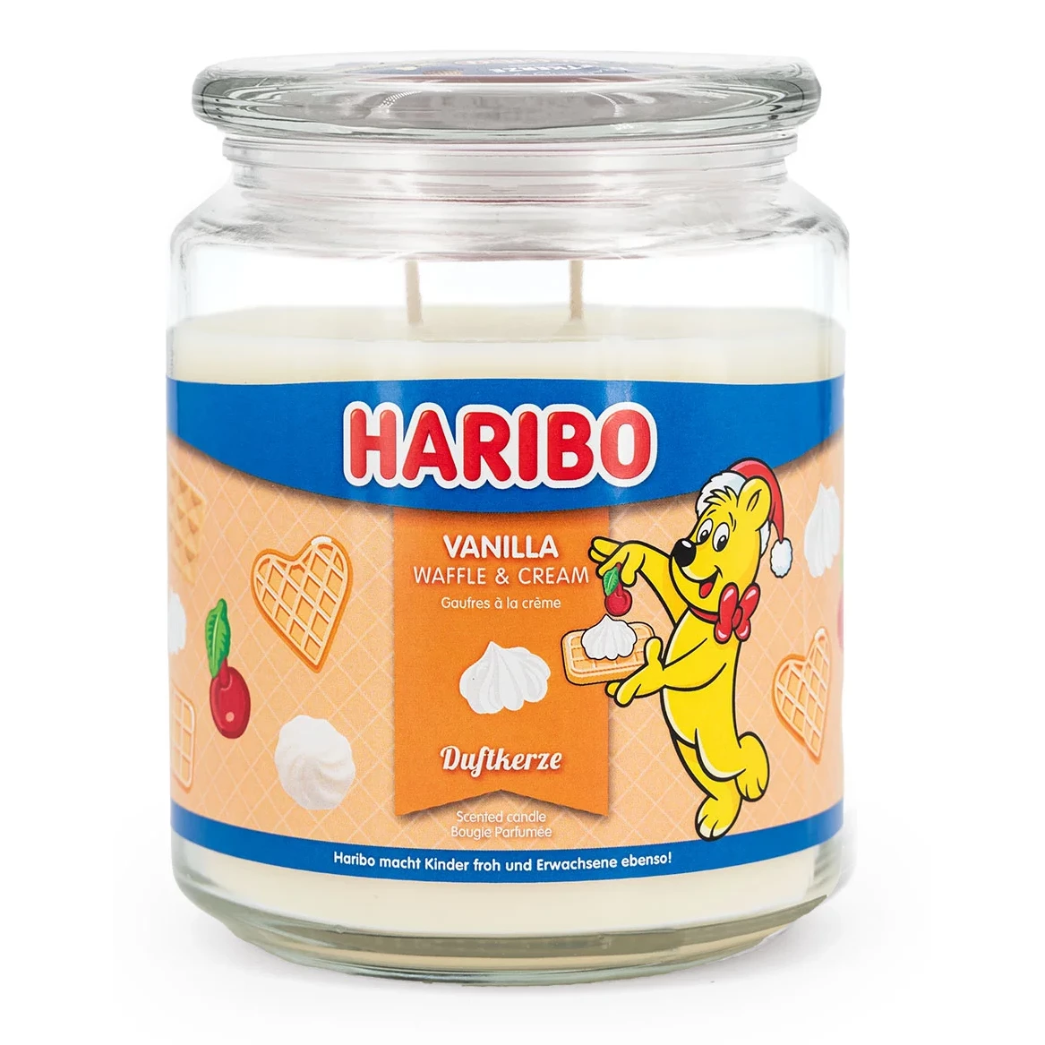 Haribo Vanilla Waffle & Cream Duftkerze Haribo Vanilla Waffle & Cream Duftkerze im Glas mit zwei Dochten