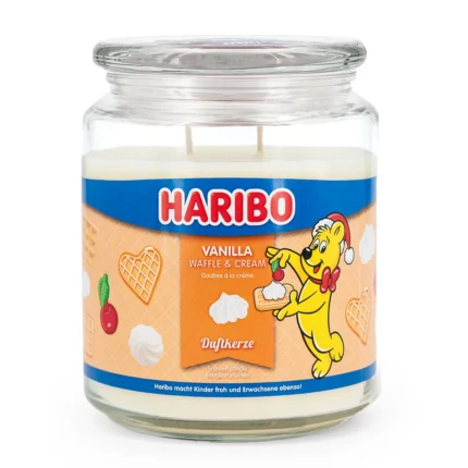Haribo Vanilla Waffle & Cream Duftkerze mit Etikett und Glasdeckel