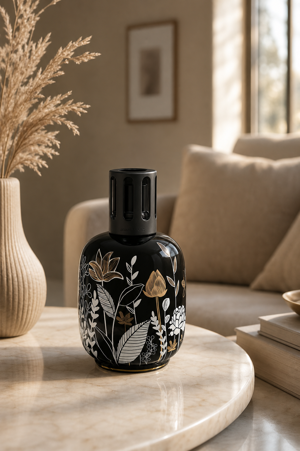 Schwarze floral dekorierte Duftlampe auf einem runden Wohnzimmertisch