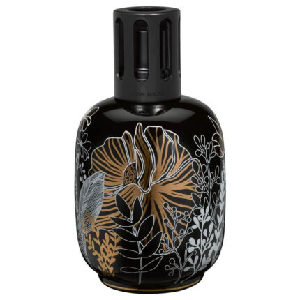 Schwarze Duftlampe mit großflächigem goldweißem Blumen- und Blätterdekor