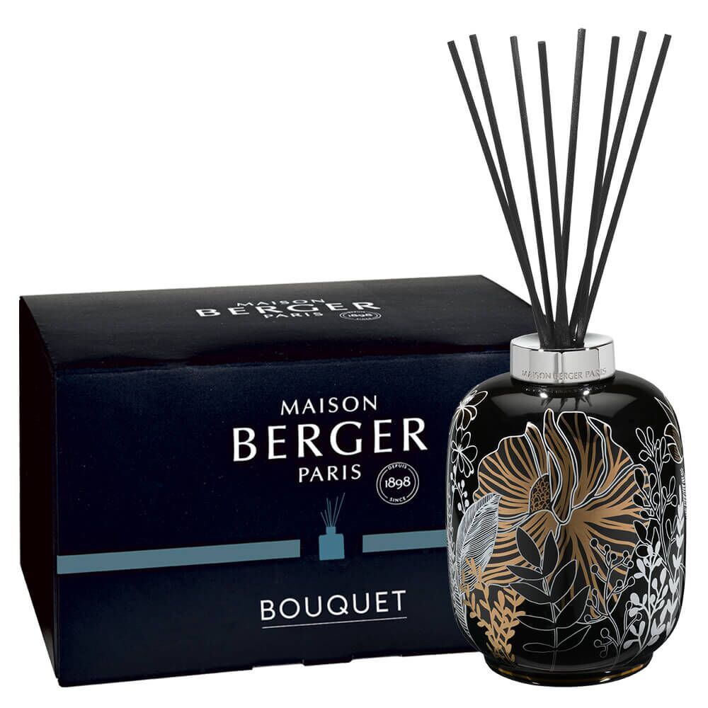 Maison Berger Diffuser mit Verpackung Schwarzer Maison Berger Diffuser mit Duftstäbchen neben Verpackung