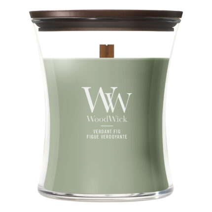 WoodWick Verdant Fig Kerze im Glas mit Deckel und sichtbarem Holzdocht