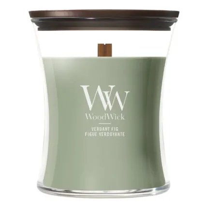 WoodWick Verdant Fig Kerze im Glas mit Deckel und sichtbarem Holzdocht