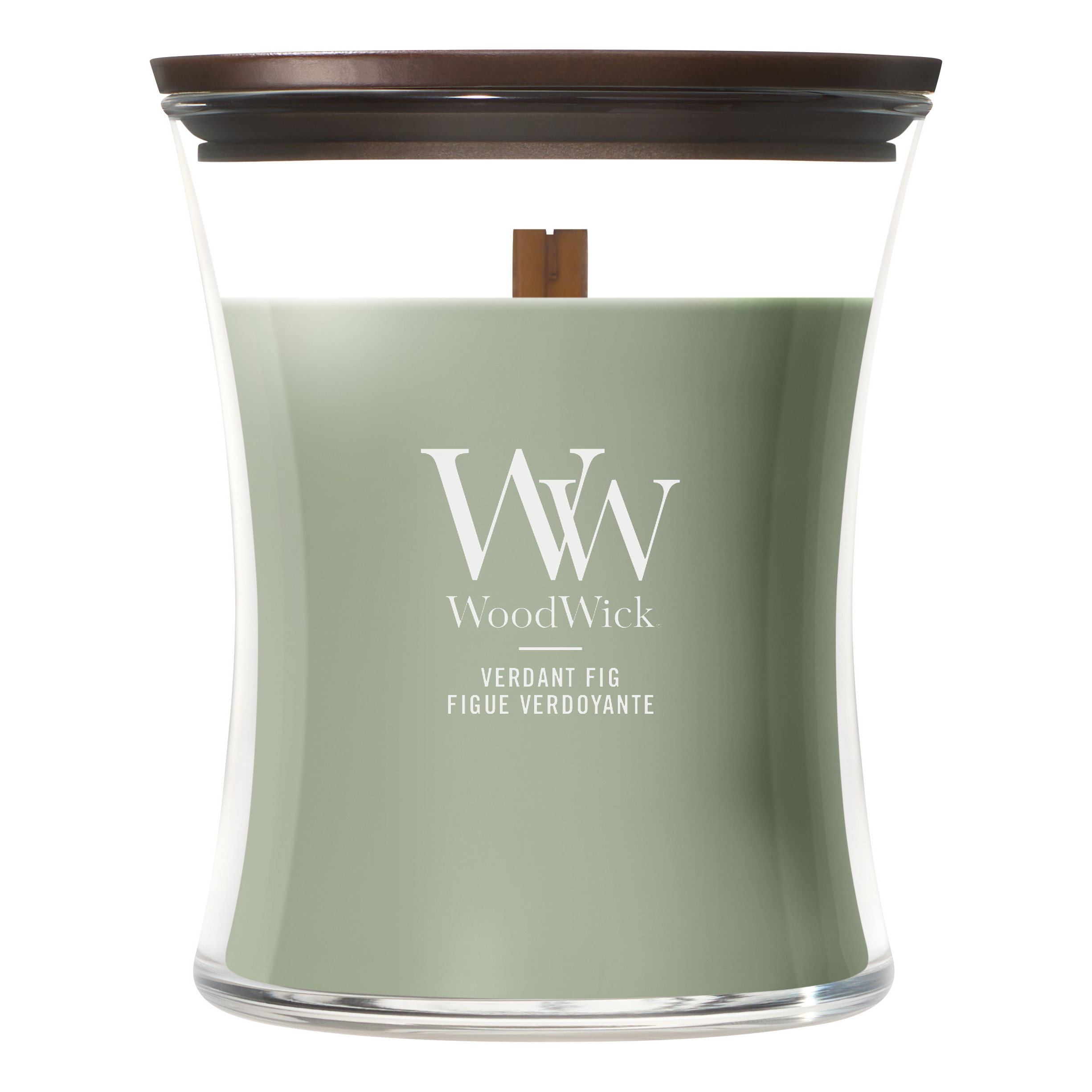 Verdant Fig Kerze im Glas WoodWick Verdant Fig Kerze im Glas mit Deckel und sichtbarem Holzdocht