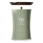 WoodWick Verdant Fig Kerze im Glas mit sichtbarem Holzdocht