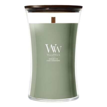 WoodWick Verdant Fig Kerze im Glas mit sichtbarem Holzdocht